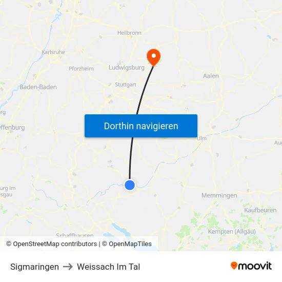 Sigmaringen to Weissach Im Tal map