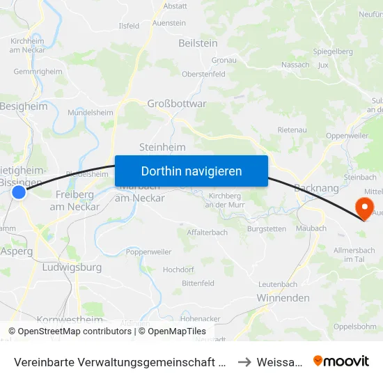 Vereinbarte Verwaltungsgemeinschaft Der Stadt Bietigheim-Bissingen to Weissach Im Tal map