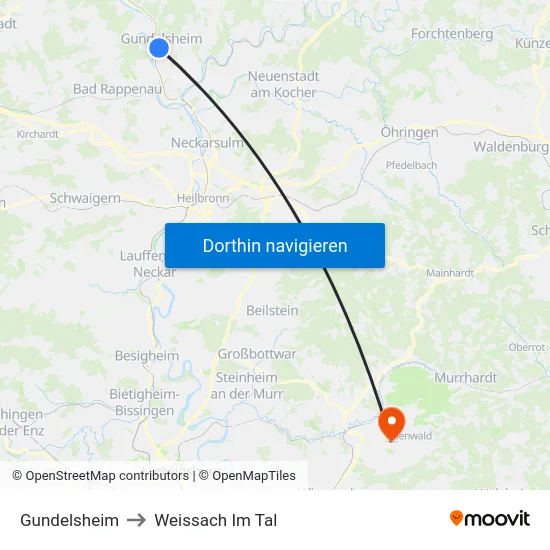 Gundelsheim to Weissach Im Tal map