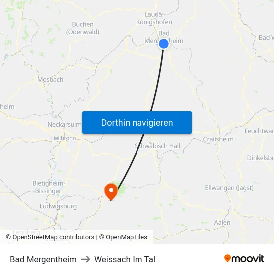 Bad Mergentheim to Weissach Im Tal map