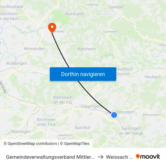 Gemeindeverwaltungsverband Mittleres Fils-Lautertal to Weissach Im Tal map