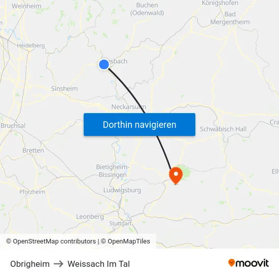 Obrigheim to Weissach Im Tal map