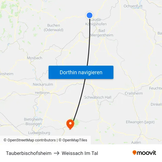 Tauberbischofsheim to Weissach Im Tal map