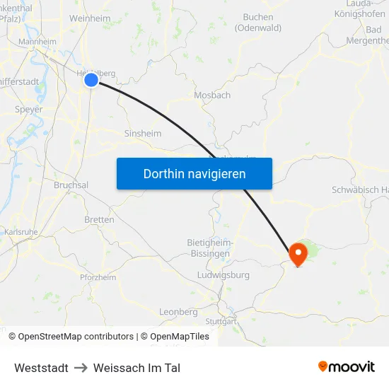 Weststadt to Weissach Im Tal map