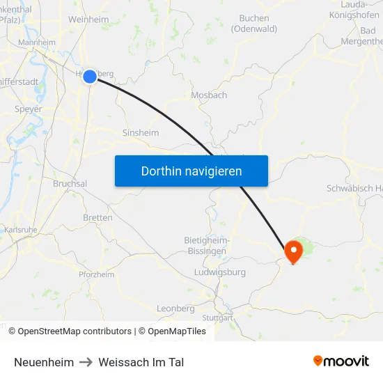 Neuenheim to Weissach Im Tal map