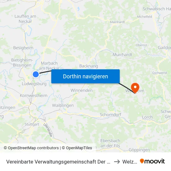 Vereinbarte Verwaltungsgemeinschaft Der Stadt Freiberg am Neckar to Welzheim map