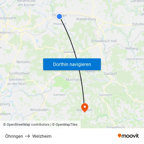 Öhringen to Welzheim map
