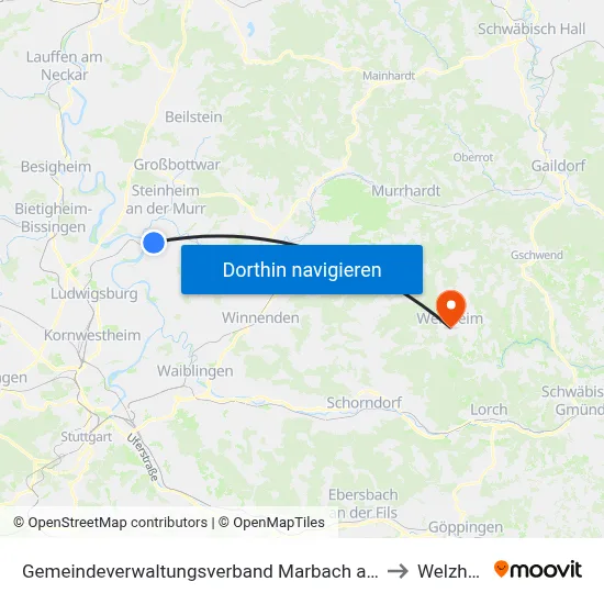 Gemeindeverwaltungsverband Marbach am Neckar to Welzheim map