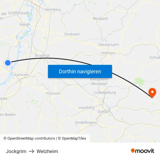 Jockgrim to Welzheim map