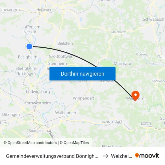 Gemeindeverwaltungsverband Bönnigheim to Welzheim map