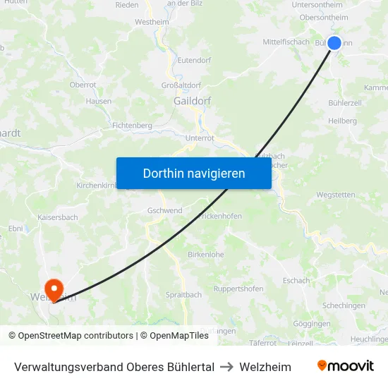 Verwaltungsverband Oberes Bühlertal to Welzheim map