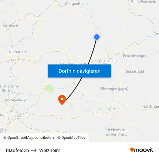 Blaufelden to Welzheim map