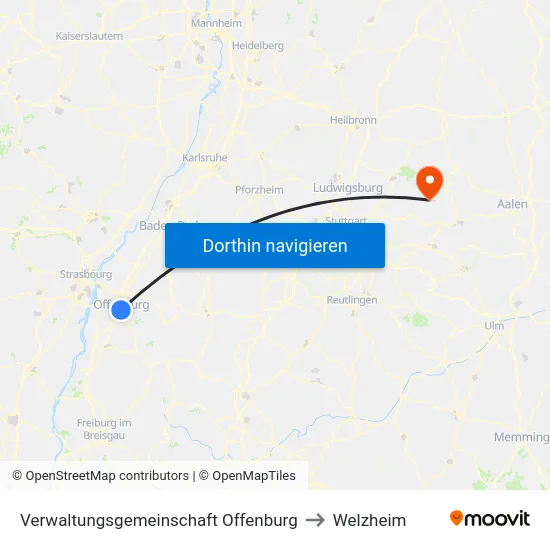 Verwaltungsgemeinschaft Offenburg to Welzheim map