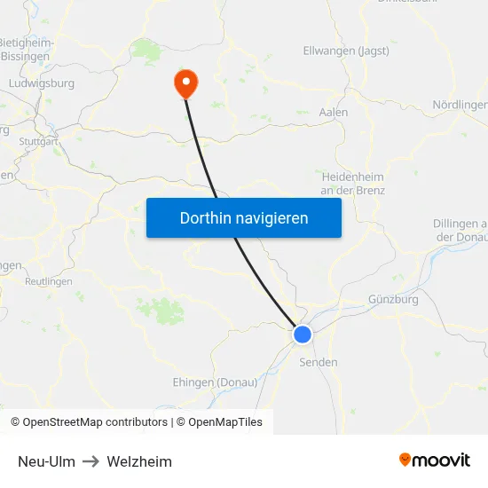 Neu-Ulm to Welzheim map