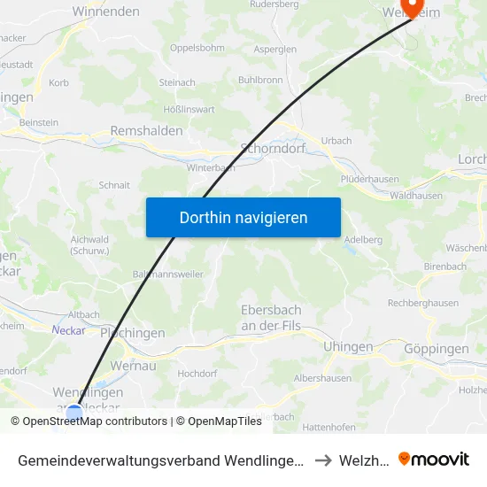 Gemeindeverwaltungsverband Wendlingen am Neckar to Welzheim map