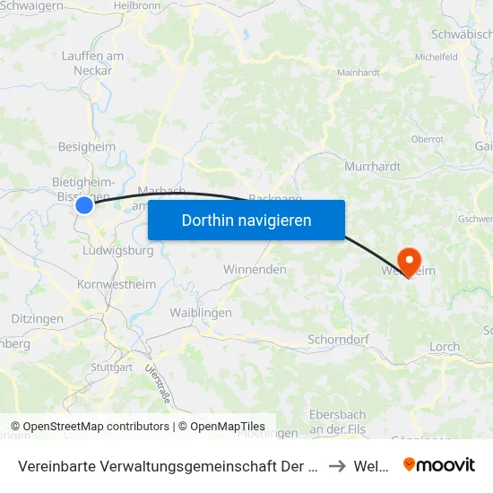 Vereinbarte Verwaltungsgemeinschaft Der Stadt Bietigheim-Bissingen to Welzheim map