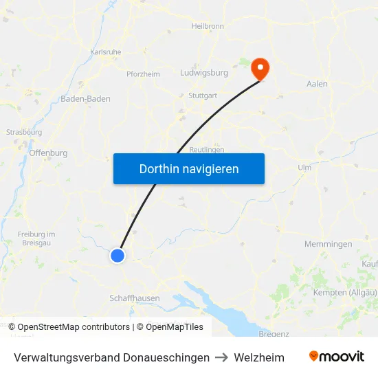 Verwaltungsverband Donaueschingen to Welzheim map