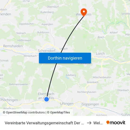 Vereinbarte Verwaltungsgemeinschaft Der Stadt Ebersbach An Der Fils to Welzheim map