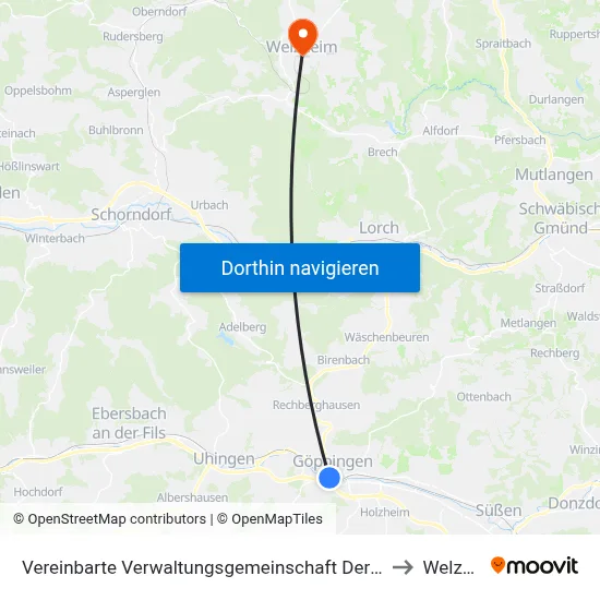 Vereinbarte Verwaltungsgemeinschaft Der Stadt Göppingen to Welzheim map