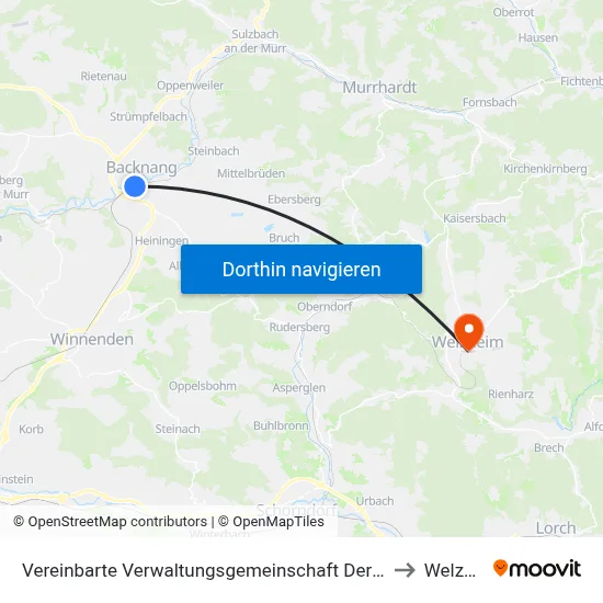 Vereinbarte Verwaltungsgemeinschaft Der Stadt Backnang to Welzheim map