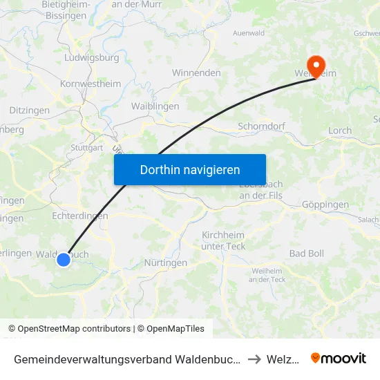Gemeindeverwaltungsverband Waldenbuch/Steinenbronn to Welzheim map