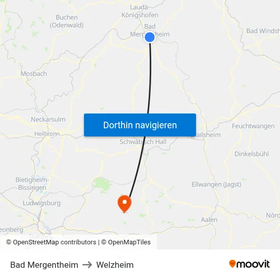 Bad Mergentheim to Welzheim map