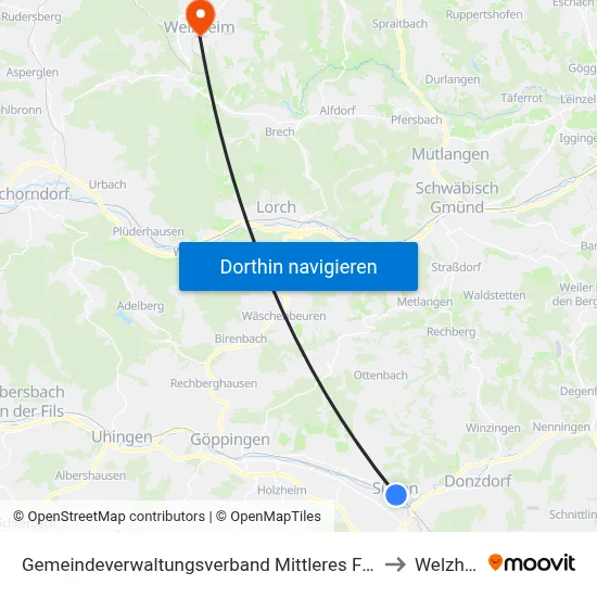 Gemeindeverwaltungsverband Mittleres Fils-Lautertal to Welzheim map