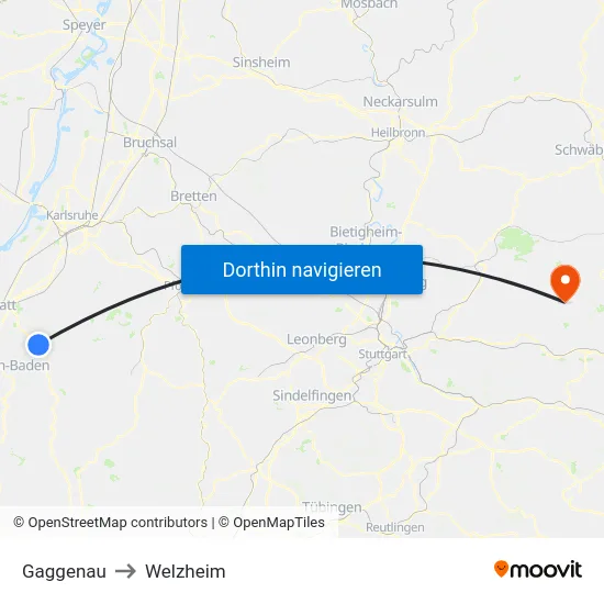Gaggenau to Welzheim map