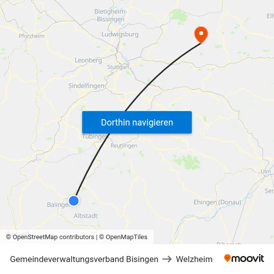 Gemeindeverwaltungsverband Bisingen to Welzheim map