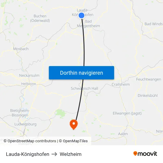 Lauda-Königshofen to Welzheim map