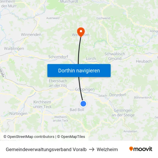 Gemeindeverwaltungsverband Voralb to Welzheim map