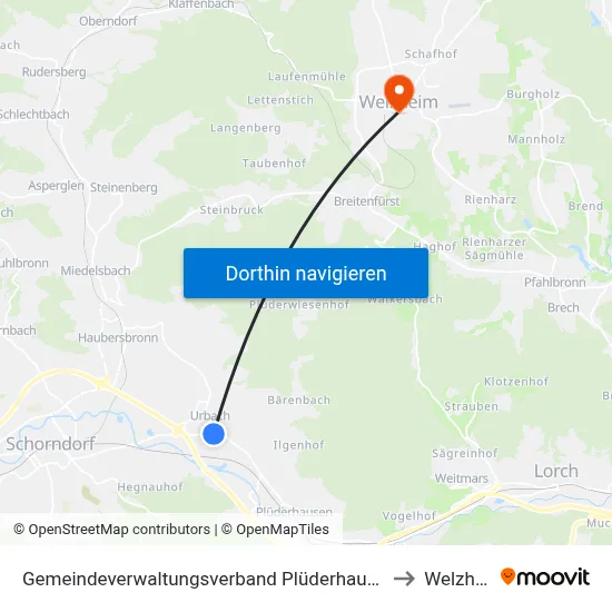 Gemeindeverwaltungsverband Plüderhausen-Urbach to Welzheim map