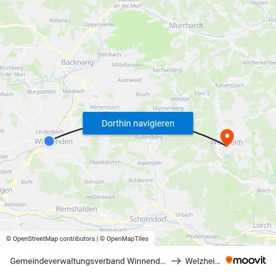 Gemeindeverwaltungsverband Winnenden to Welzheim map