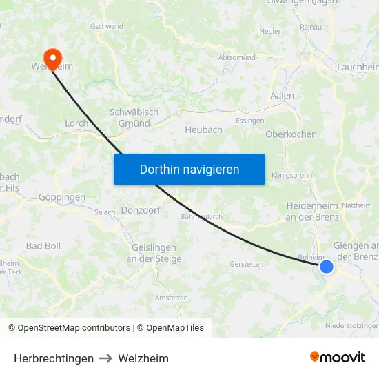 Herbrechtingen to Welzheim map