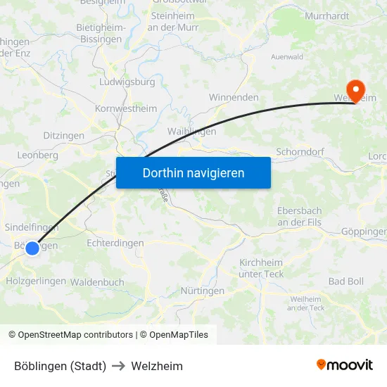 Böblingen (Stadt) to Welzheim map