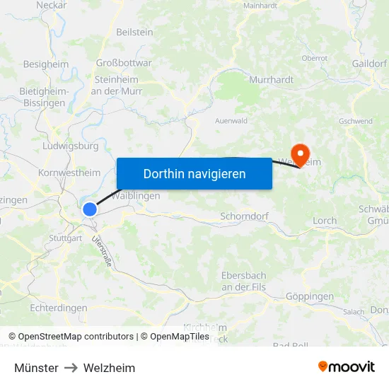 Münster to Welzheim map
