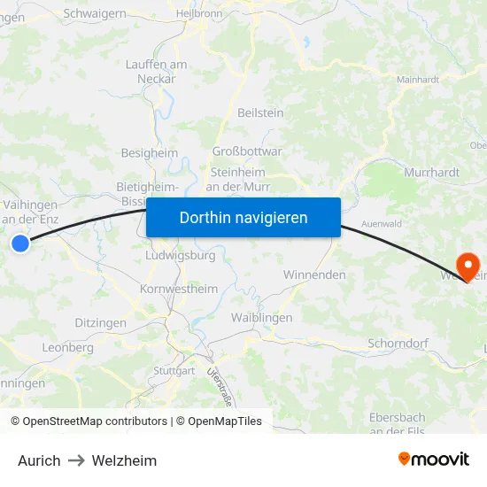Aurich to Welzheim map