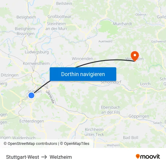 Stuttgart-West to Welzheim map