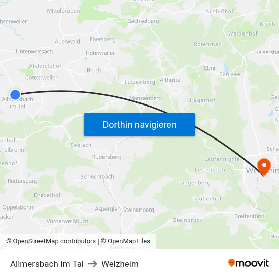 Allmersbach Im Tal to Welzheim map
