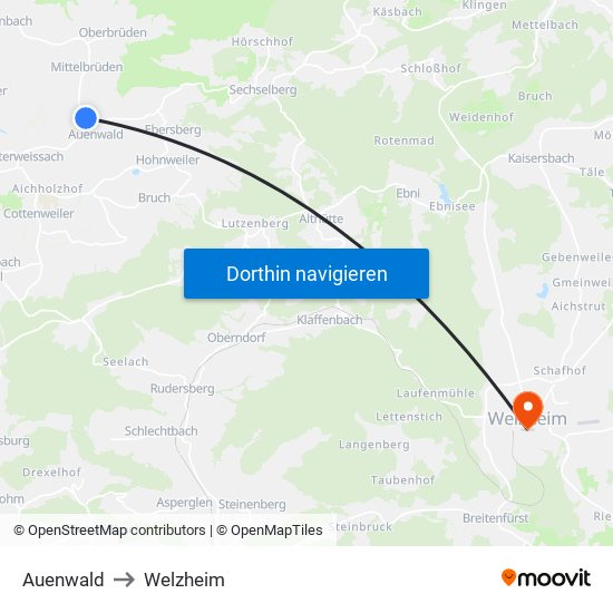 Auenwald to Welzheim map