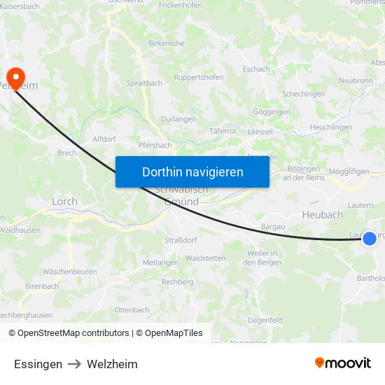 Essingen to Welzheim map