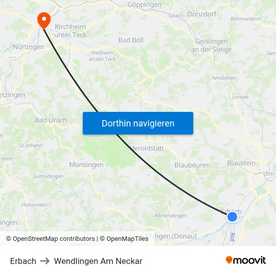 Erbach to Wendlingen Am Neckar map