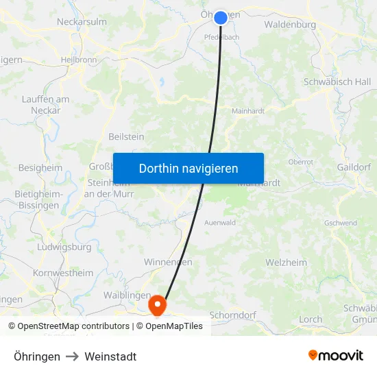 Öhringen to Weinstadt map