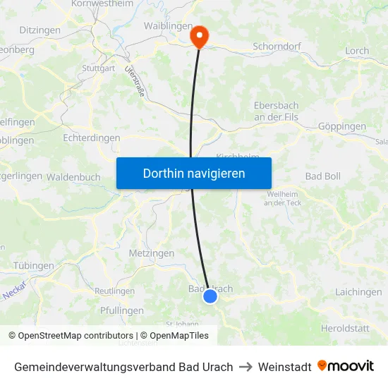 Gemeindeverwaltungsverband Bad Urach to Weinstadt map