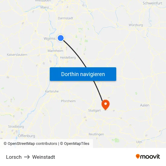 Lorsch to Weinstadt map