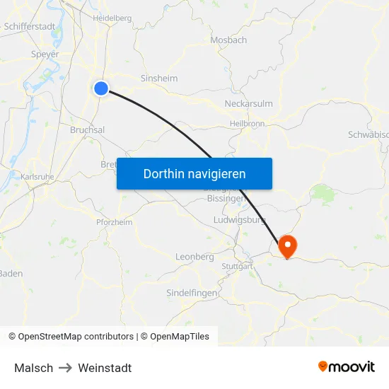 Malsch to Weinstadt map
