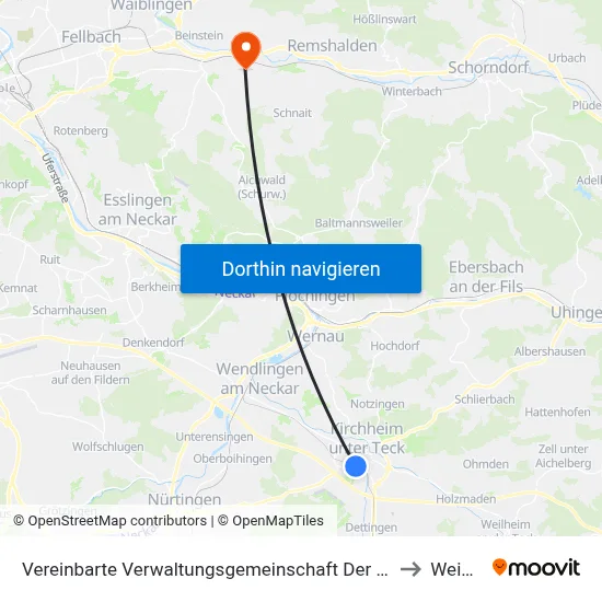 Vereinbarte Verwaltungsgemeinschaft Der Stadt Kirchheim Unter Teck to Weinstadt map