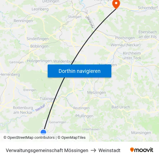 Verwaltungsgemeinschaft Mössingen to Weinstadt map