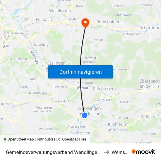 Gemeindeverwaltungsverband Wendlingen am Neckar to Weinstadt map
