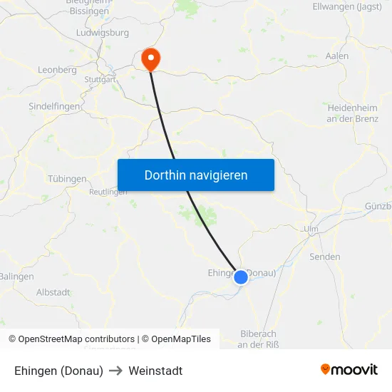 Ehingen (Donau) to Weinstadt map